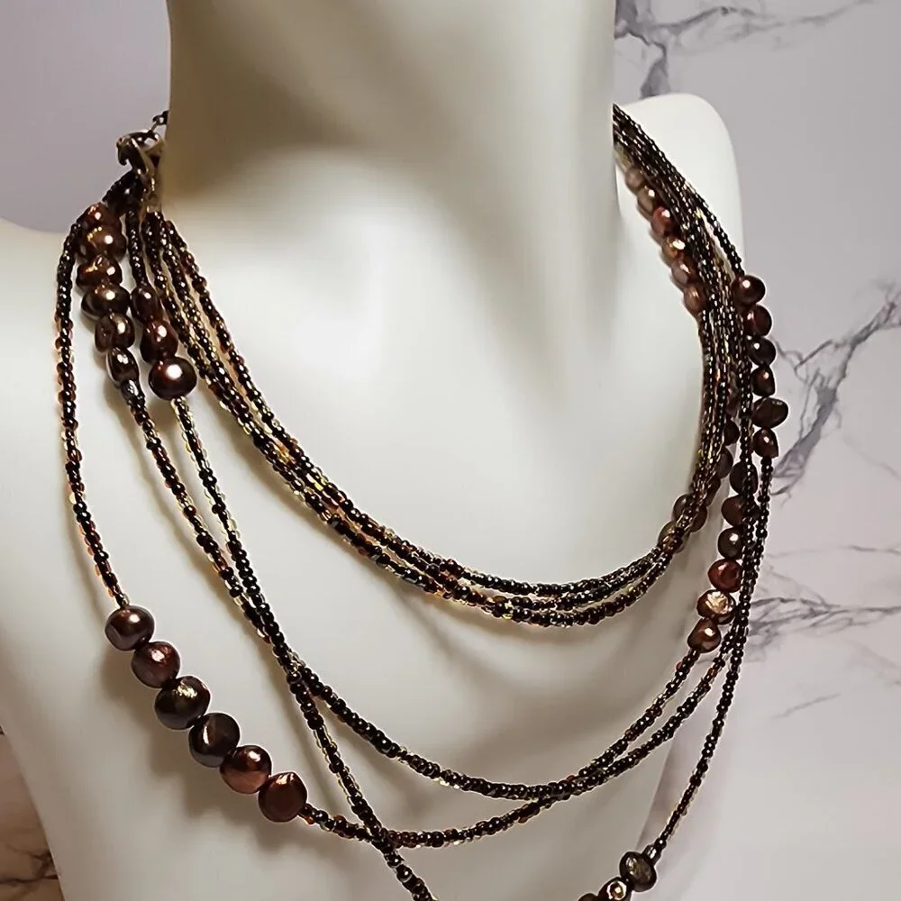 Multi-Stand Brown Bead and Pearl Necklace